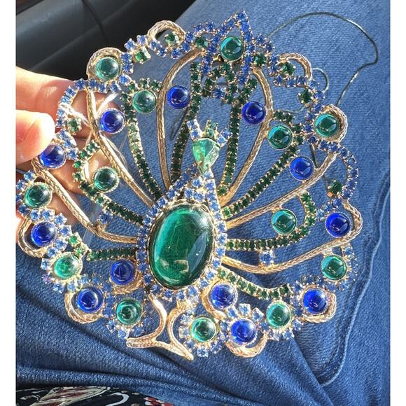 VTG 1960s JEWELED PEACOCK Cabochon BOHEMIAN Statement Hippie Pendant